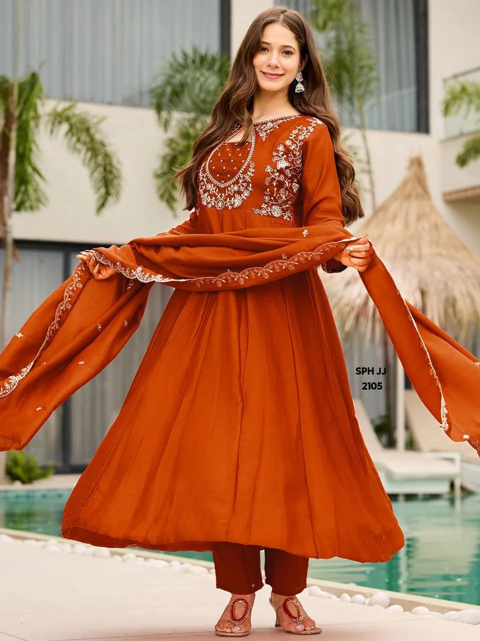 Rust Orange Embroidered Anarkali Kurti Set – Rust Orange & Silver